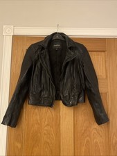 Mango Black Genuine Leather Biker Jacket Xs Size 6-8 Shorter Length