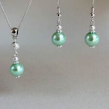 Light mint green pearls pendant necklace earrings silver wedding jewelry set