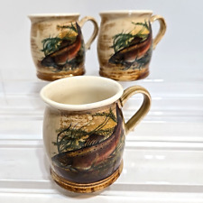3 Robert Gordon Pottery Australia Trout 3.75" Coffee Mug Rustic Fish Art Big Set