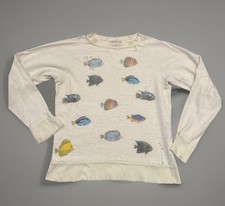 Wild Fox Women XS Distressed Fish Print Pullover Sweatshirt Cream Made In USA