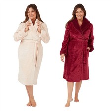 Ladies Dressing Gown Embossed Swirl Shawl Collar Faux Fur Fleece Robe Beige Red