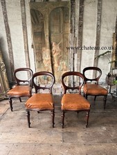 Set of 4 Antique Original English Leather Tan Balloon Back Dining Side Chairs