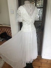 SIZE 12 VINTAGE 80S IVORY WEDDING DRESS BIG LACE YOKE SHOULDERS TORSO & CHIFFON 