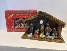 Vintage 1980s 9 Piece Porcelain Figure & Stable Christmas Nativity Set Boxed