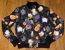 NWT WOMEN FOREVER 21 BOMBER JACKET BLACK ALLOVER MULTICOLORED FLORAL PRINT  F21