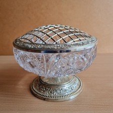 Vintage Mayell England Large Rose Bowl Footed Pedestal Cut Glass EP ON ZINC Lid