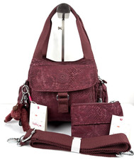 Kipling 'Fairfax' Medium Multiway Bag & Purse - Burgundy Snake Embossed - New