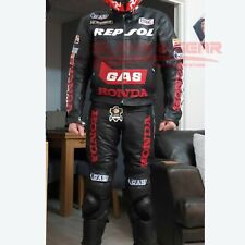 HONDA GAS REPSOL BLACK COWHIDE LEATHER MOTORBIKE ARMOURED 2 PIECE SUIT