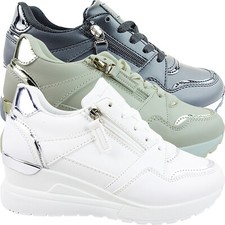 WOMENS LOW MID WEDGE HIDDEN COMFY SPORTS SNEAKERS WALKING TRAINERS GYM LACE UP