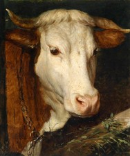 Dream-art oil painting Docile animals cow cattle cowshed with food Hand painted