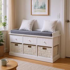 Hallway Shoe Bench 3 Wicker Basket Storage Cabinet Drawer Organiser Cushion Seat