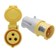 110V 16A Industrial Site Power Plug & Socket – Rewireable 2P+E Yellow IP44 Mount