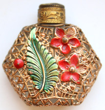 Vintage Czechoslovakian Small Perfume Glass Bottle Green Leaf Red Flower