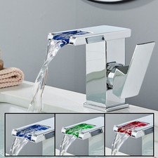 Chrome LED Waterfall Glass Spout Mixer Basin Sink Tap Bathroom Faucet Single