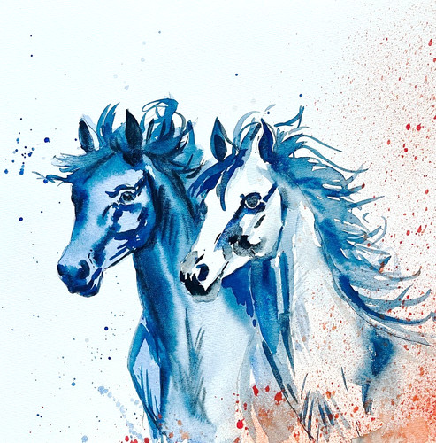 Blue horses watercolour - blue,