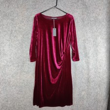 Laura Ashley Dress Size UK 18 Red Velvet Midi Shift Ruched Burgundy Christmas