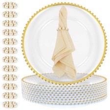 12 Set Clear Charger Plates with Napkin Rings 13 Inch Plastic Round Charger P...