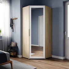 High Gloss Corner Mirror Wardrobe White&Oak with Hanging Rail Bedroom Storage