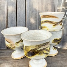 Vintage Hand Made Stoneware Pottery Footed Cups Goblets Set 4 Drip Glaze Cups