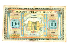 scarce morocco 100 franc banknote 1943,collectable note original 1943 issue