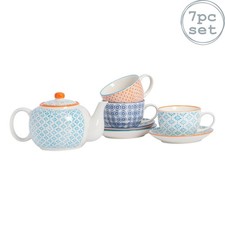 7 Piece Hand-Printed Teapot Cups & Saucers Set Porcelain Tea Pot Crockery
