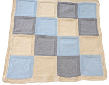 Baby Blanket knitted in Blue and Grey squares crochet border New Baby Boy Gift 