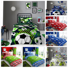 Reversible  Kids FOOTBALL DUVET COVER SET BEDDING SET  FITTED SHEET OR CURTAINS