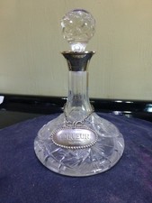 Cut Glass Ship's Liqueur Decanter. Silver collar and label. 1978