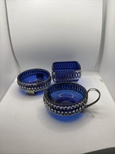 Vintage Cobalt Blue Glass With Chrome Casing Candy Dish cream jug sugar dish