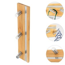 Wall Mount Bamboo Stainless Steel Bathroom Toilet Towel Rail Rack with 3 Hooks