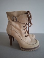 Aldo Boots Sand Beige High Heel Suede Lace Up Ankle Boots Buckled Strap UK5 EU38