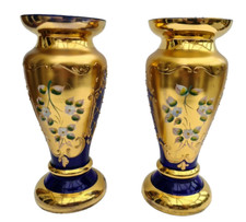 Venetian Murano Glass Vases Colbalt Blue & 24kt Gold Enamelled Flowers