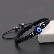 Handmade Adjustable Turkish Evil Eye Bracelet, Black Polyester Fiber