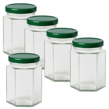 20 x 280ml Hexagonal Glass Jar with Dark Green  63mm Twist-Off Lids – Honey, Jam