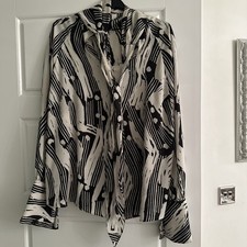 Zara Blouse Black Mix Size XL (approx 16-18) With Pussy Bow Neck Tie