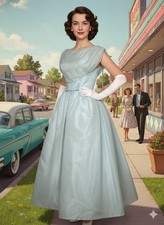 Vintage 1950s Lorrie Deb Blue Taffeta Evening Gown Prom Dress Full Skirt 