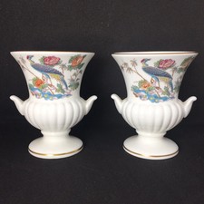 Vtg Pair of Wedgwood Bird Kutani Crane Mini Bud Vases Bone China UK Made 1970s