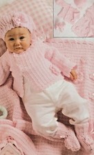 #62 BABY'S 6mths CARDIGAN, BOOTEES, BLANKET BERET VINTAGE CROCHET PATTERN COPY