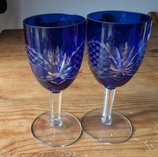 2 BEAUTIFUL VGC 17CM VINTAGE COBALT BLUE CUT TO CLEAR BIG BOHEMIAN WINE GLASSES