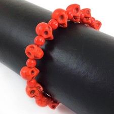 Skull Bracelet Halloween Handmade Howlite Turquoise Bead 7.5" Stretch Skeleton
