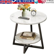Round 2 Tier Coffee Table Side Table White Marble Effect End Table Living Room