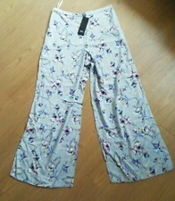 F&F Light Grey Pink Blue Floral Print Palazzo Pant Wide Leg Trousers UK 10 Short