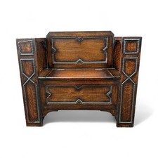 Antique 1920s Old English Oak Monks Bench Settle, Dark Wood Tudor Style Storage