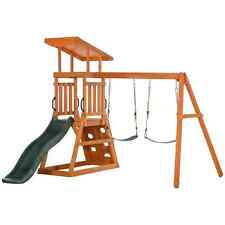 Outsunny Slide Set And 2 Wooden Swings For Children Aged 3-8 Years