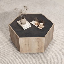 Light Oak Hexagonal Coffee Table with 2 Drawers & Textured Black Tabletop