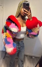 Gorgeous Colourful hooded real Fox fur coat, Vintage Fur Coat, Mink Fur Coat,