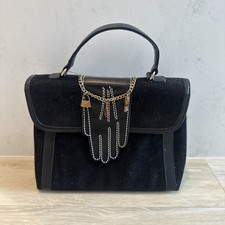 Lulu Guinness Vintage Womens Hand Grab Bag Black Corduroy Logo Inner Pockets