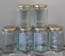 280ml/12oz Hexagonal Glass Jars for Chutney, Jam, Marmalade, Screw Lids Caps x 6