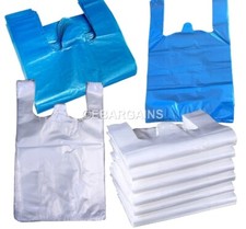 PLASTIC CARRIER VEST BAGS WHITE | BLUE SHOPPING TAKEAWAY BAGS