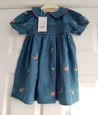 NEW MONSOON - Age 2 - 3 - Blue Chambray Dress with Pink Flower Embroidery